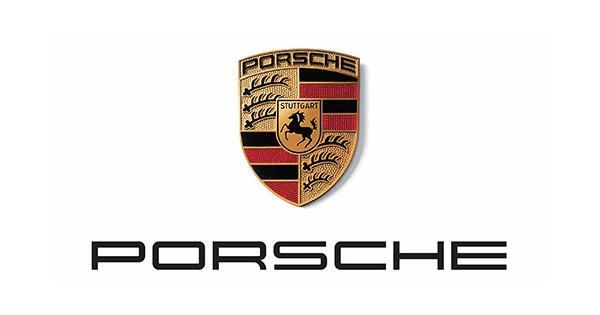 Porsche-Logo in Schwarz, Rot und Gold mit Stuttgarter Wappen auf weißem Hintergrund.