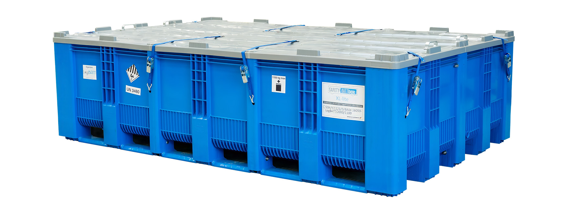 Caixa de plástico azul com tampa cinzenta, reforçada com fechos.